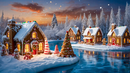 AI-generated image of a winter wonderland of Christmas spirits, where gingerbread houses candy cane trees, and chocolate river come to life