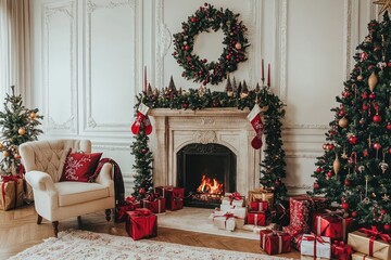Charming Christmas Interior Featuring a Fireplace, Decorated Tree, Gifts, and a Wreath