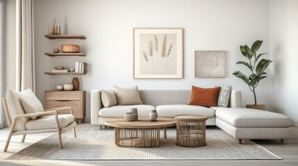 Scandinavian style living room interior featuring a sofa and two armchairs a shelf and drawer and a coffee table adorned with art decoration on hardwood flooring Panoramic window included 3D rende