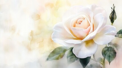 Delicate white rose in bloom Watercolor floral composition Watercolor backdrop
