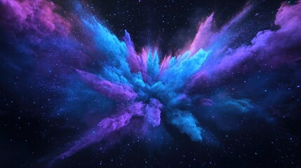 Explosion of blue aqua and violet dust on a black background in 3D cartoon rendering Illustration