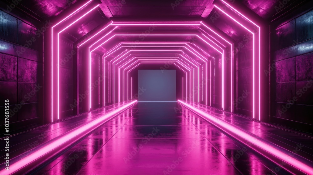 Poster futuristic neon glowing lines illuminate a dark tunnel with reflections on the floor and ceiling the