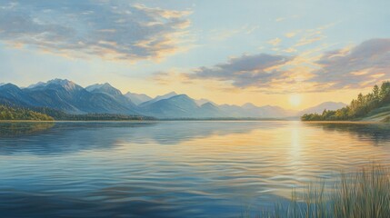 Fototapeta premium Oil painting depicting a serene summer scene on a lake surrounded by mountains with a sunrise sky reflecting in clear water Landscape art capturing the beauty of nature