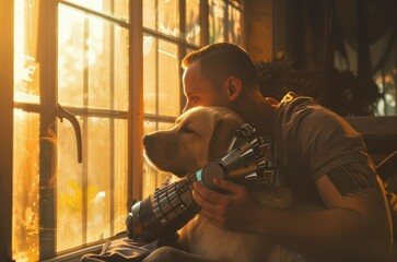 As rain taps gently on the window, a man with a prosthetic arm hugs his dog tightly, finding solace in their companionship.