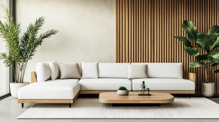 A modern living room with a cozy minimalist design showcasing a white sectional sofa wooden accents and an indoor plant 3D rendering