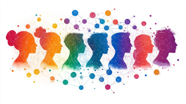Individuals of various ethnicities and identities, connected by rainbow symbols, representing intersectionality in the LGBTQ+ community. LGBTQ+ History Month