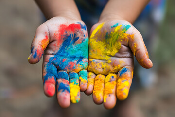 Close-up of hands covered in colorful paint, symbolizing creativity and expression during art activities for children