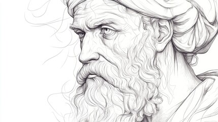Fototapeta premium Hand drawn line art portrait illustration of an Italian polymath showcasing the creative brilliance and artistic style reminiscent of the Renaissance era