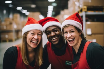 Fototapeta premium Portrait of a diverse warehouse workers in working uniforms smiling with Christmas hats