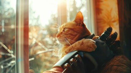 By the window, a man with a prosthetic arm cuddles his cat, both basking in the gentle glow of the morning sun.