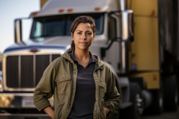 Fototapeta premium Portrait of a Hispanic female truck driver infront of a truck in Germany while snowing