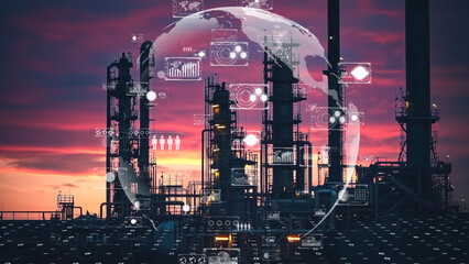 A futuristic industrial refinery at sunset with digital data overlays and holographic interfaces - Powered by Adobe