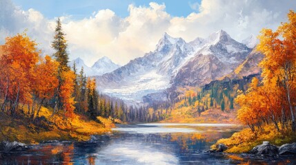 Oil painting depicting a serene autumn landscape featuring a tranquil lake with a glacier backdrop Ideal for travel themes and capturing the beauty of mountain scenery in fall