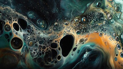 Abstract background featuring cosmic motifs with a surreal fractal style resembling a graphic liquid oil painting