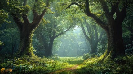 A captivating fairytale forest featuring large trees and lush vegetation Digital painting backdrop