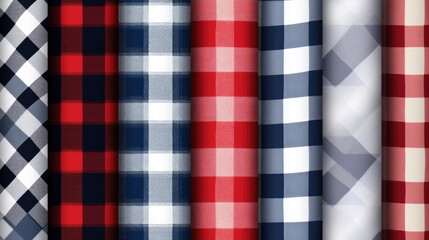 Fototapeta premium Vector patterns featuring a patriotic combination of red white and blue tartan and buffalo check plaid Ideal for flannel shirt fabric textures and independence themed backgrounds with tile swatche