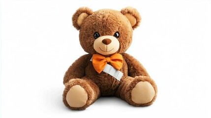 Brown Teddy Bear with Orange Bow Tie Sitting on White Background