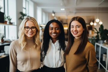 Obraz premium Portrait of a smiling diverse group of businesswomen standing in coworking office space in Berlin
