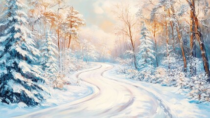 Obraz premium Oil painting depicting a winter fairy tale in a snow covered forest Scenic view of a winding road through a snowy wonderland creating a festive atmosphere for the holiday season