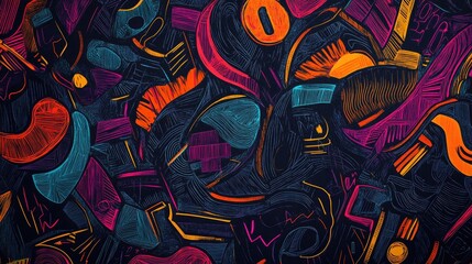 Abstract line art illustration featuring a sophisticated vibrant design with dark tones Playful scribbles create amusing wallpapers and graffiti style wall art reminiscent of children s doodles