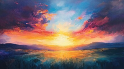 Fototapeta premium Oil painting depicting a stunning sunset over a serene field