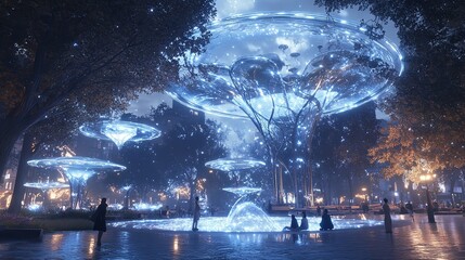 Obraz premium A Futuristic City Park Where People Create Digital Art Installations