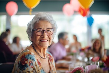 Portrait of a smiling Hispanic senior woman celebrating birthday in nursing home