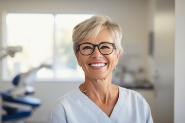 Fototapeta premium Portrait of a senior American woman smiling at dentist office