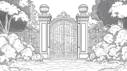 Line art illustration of an architectural gate with intricate design elements