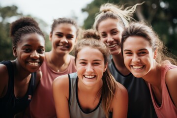Fototapeta premium Portrait of a young female basketball players smiling and posing for a team photo on the basketball court