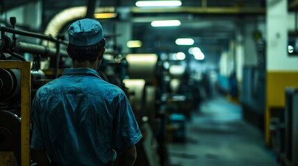 Obraz premium A factory worker under the watchful eye of a guard, representing forced labor under coercion