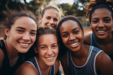 Obraz premium Portrait of a young female basketball players smiling and posing for a team photo on the basketball court