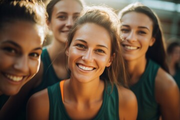 Obraz premium Portrait of a young female basketball players smiling and posing for a team photo on the basketball court