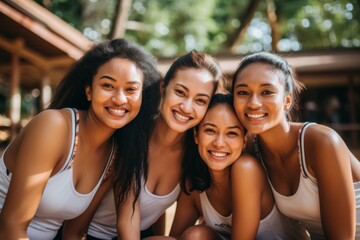 Fototapeta premium Portrait of a young female basketball players smiling and posing for a team photo on the basketball court