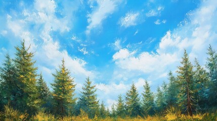 Fototapeta premium Oil painting showcasing a stunning panoramic view of a coniferous forest against a vibrant blue sky capturing the tranquility and beauty of untouched wilderness