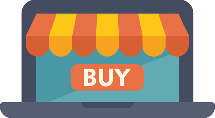 Laptop displaying an online shop with a striped awning and a buy button, symbolizing e commerce