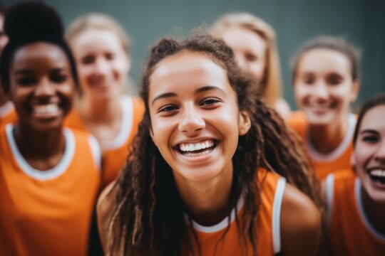 Portrait of a young female basketball players smiling and posing for a team photo on the basketball court
