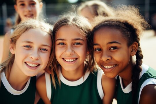 Portrait of a young female basketball players smiling and posing for a team photo on the basketball court - Powered by Adobe