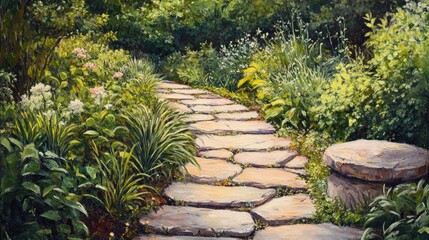 Obraz premium Oil painting showcasing a stone pathway with grass sprouting between the stones highlighting a lush botanical garden environment