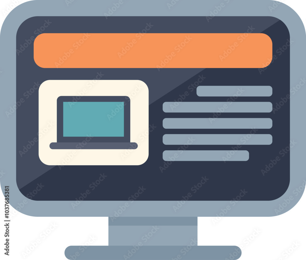 Poster desktop computer displaying a website homepage with a laptop illustration and text, representing onl