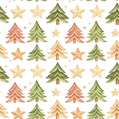 Obraz premium A whimsical, festive pattern featuring colorful Christmas trees and stars,seamless pattern background