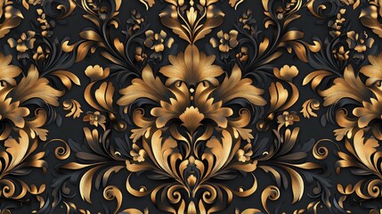 Exquisite Seamless Floral Pattern With Baroque Elements 3D Vintage Ornate Golden Details On Dark Background Printing For Textiles Wallpapers And Packaging Designs Digital Artwork