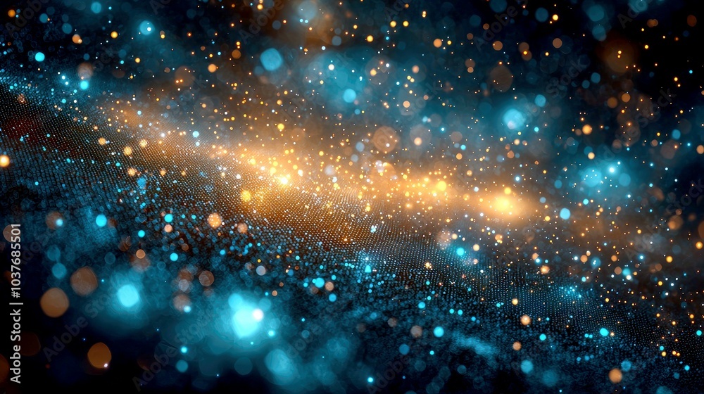 Wall mural abstract cosmic background with blue and gold bokeh lights and a swirling galaxy-like pattern.