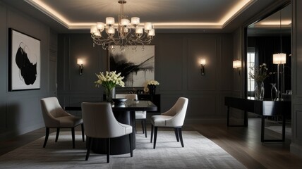 a modern and luxurious dining room with a dark and dramatic color palette. The walls are painted a deep gray, creating a sophisticated and intimate atmosphere.