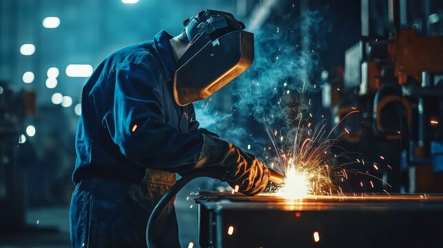 A factory worker welding metal parts, showcasing skilled industrial tasks in blue-collar work