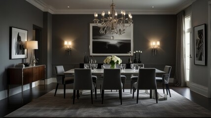 a modern and luxurious dining room with a dark and dramatic color palette. The walls are painted a deep gray, creating a sophisticated and intimate atmosphere.
