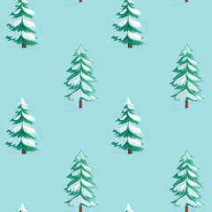 Obraz premium A whimsical pattern featuring snow-topped evergreen trees on a light blue background,seamless pattern background