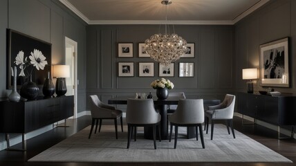 a modern and luxurious dining room with a dark and dramatic color palette. The walls are painted a deep gray, creating a sophisticated and intimate atmosphere.