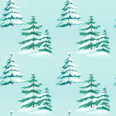 A festive pattern featuring green pine trees dusted with snow on a light blue background,seamless pattern background
