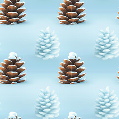 A seamless pattern of pinecones with snow on a light blue background,seamless pattern background